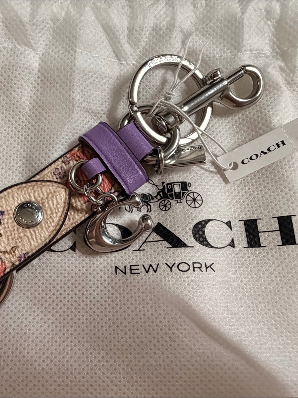 NWT Coach Floral Print Leather Keychain Bag Charm Purple Multi CAS96